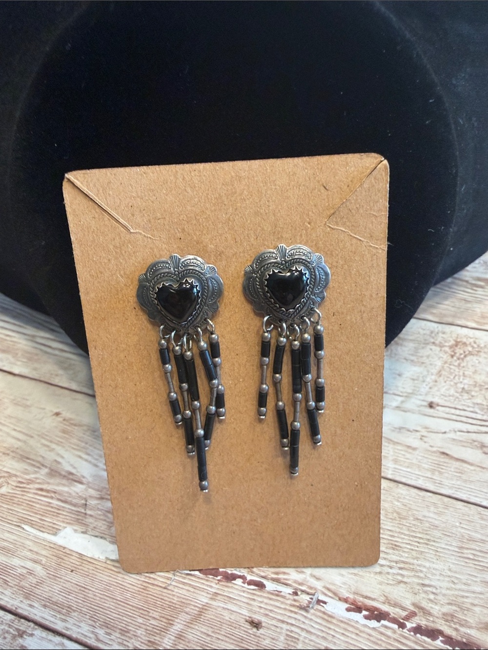 Vintage QT 925 Onyx Heart Fringe Southwestern Style Dangle Earrings